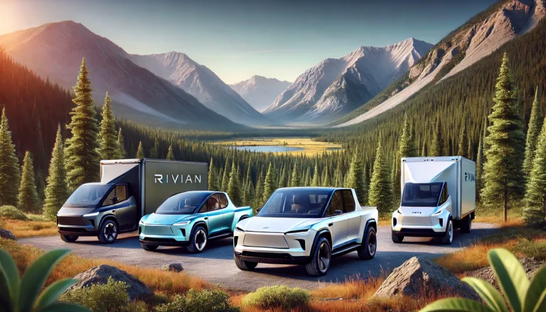 DALL·E 2025-01-18 19.13.23 - A visually engaging image of Rivian electric trucks in a picturesque natural setting, showcasing sleek, futuristic designs parked beside a serene fore