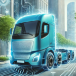 DALL·E 2025-01-22 17.00.54 - A futuristic illustration depicting the Rivian electric truck in an urban setting, showcasing technological innovation and environmental harmony. The