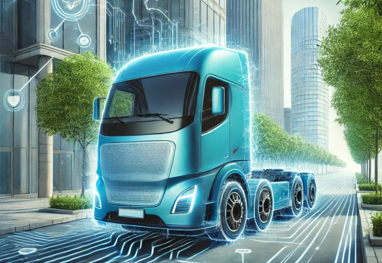 DALL·E 2025-01-22 17.00.54 - A futuristic illustration depicting the Rivian electric truck in an urban setting, showcasing technological innovation and environmental harmony. The