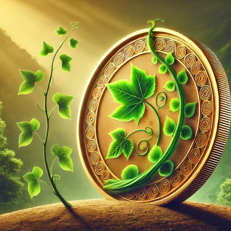 DALL·E 2025-01-23 21.00.15 - A visually striking, conceptual illustration of a 'Picture Vine Coin,' combining elements of nature and currency. The coin is crafted to resemble a vi