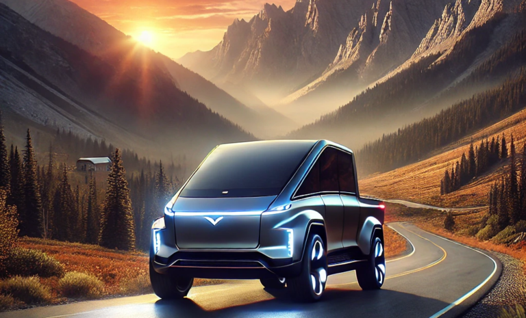 DALL·E 2025-01-29 15.39.13 - A futuristic Rivian electric truck driving through a scenic mountain landscape during sunset. The truck is sleek and modern, with LED lights glowing.