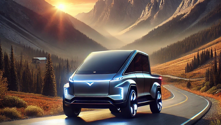 DALL·E 2025-01-29 15.39.13 - A futuristic Rivian electric truck driving through a scenic mountain landscape during sunset. The truck is sleek and modern, with LED lights glowing.