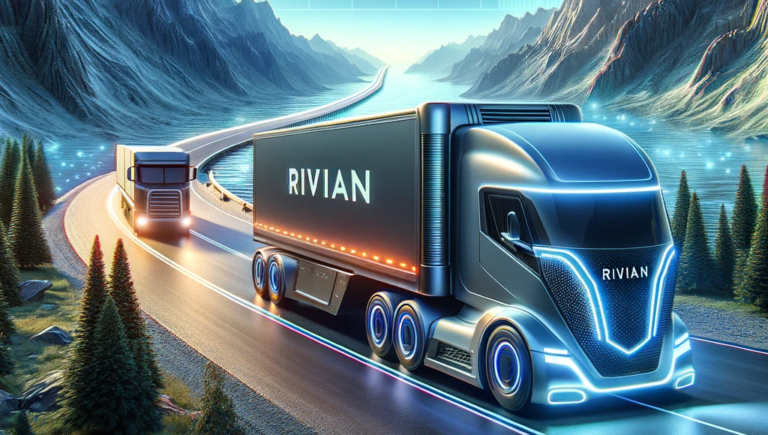 DALL·E 2025-01-29 16.18.56 - A futuristic depiction of Rivian electric trucks driving through a scenic mountainous landscape, with a timeline graphic showing stock price projectio