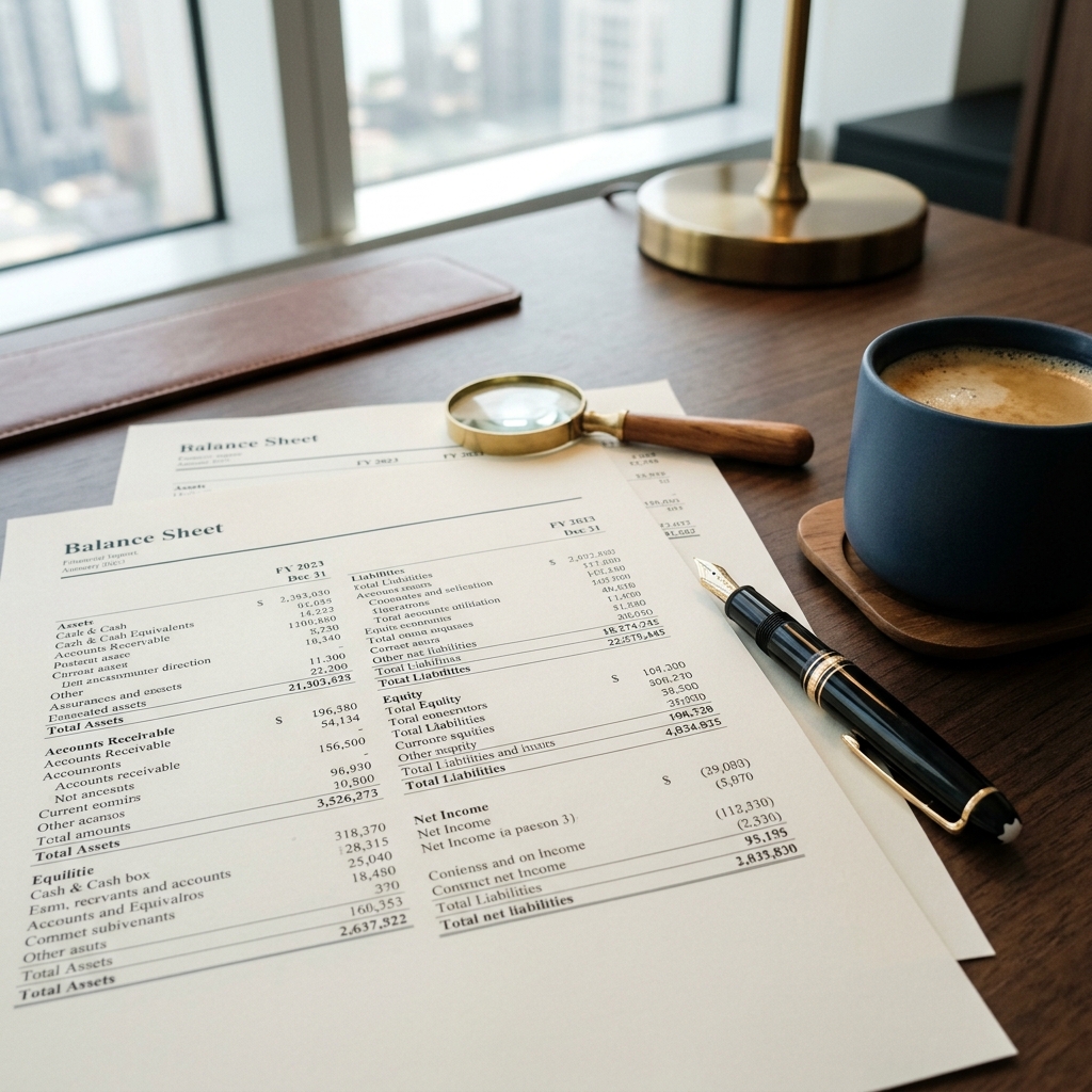 Financial statement balance sheet papers on a desk