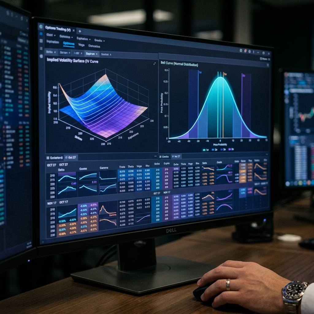 Options trading chart with implied volatility curves