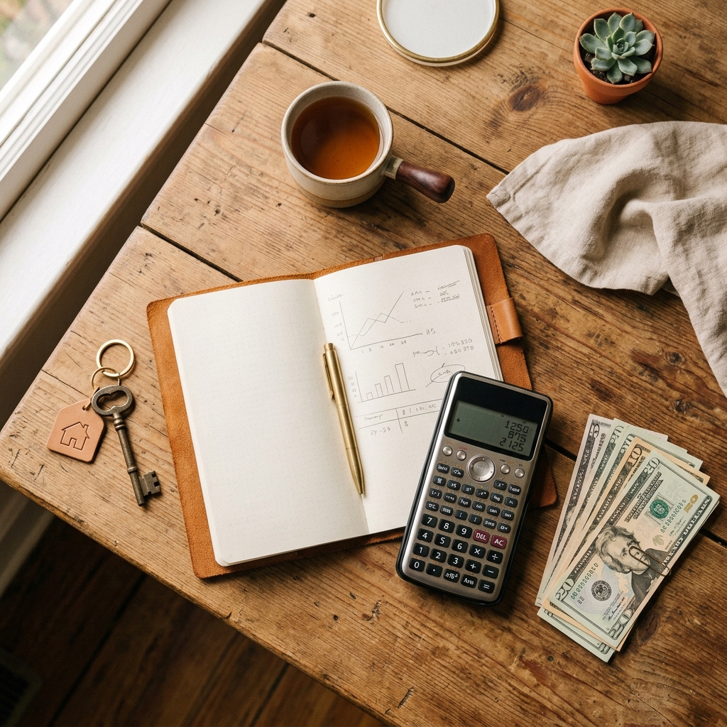 Personal finance budgeting notebook with calculator